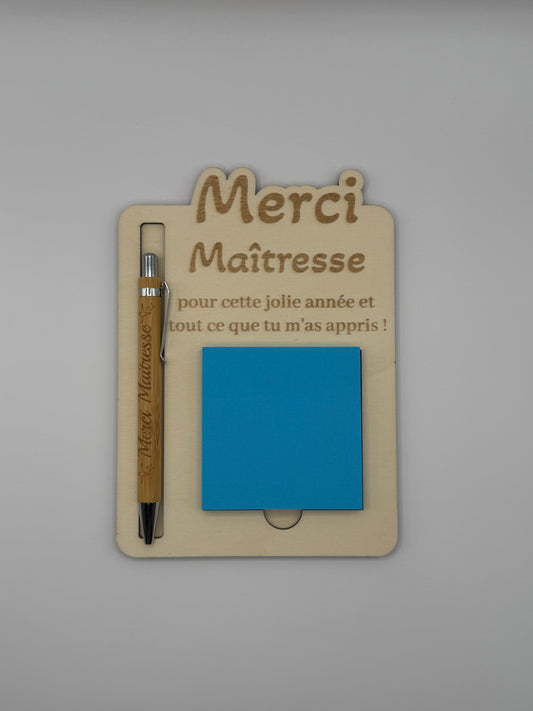 Porte bloc-notes « Merci Maîtresse » avec stylo personnalisable